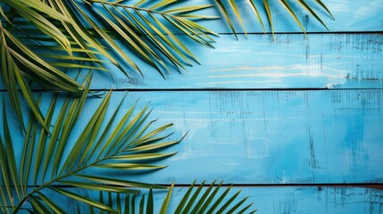 Wall Mural - Palm leaf composition on blue wooden background Summer theme with space for text