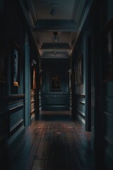 Poster - A dark hallway with blue walls and wooden floors
