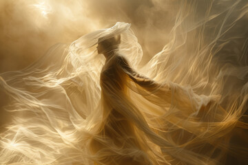 Poster - An ethereal figure rising from a serene body, with wisps of light and shadow blending into the background,