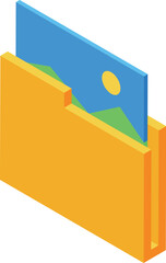 Poster - isometric yellow folder storing image file with blue sky and sun