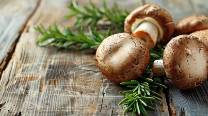 Poster - Mushrooms and rosemary on a rustic wooden surface