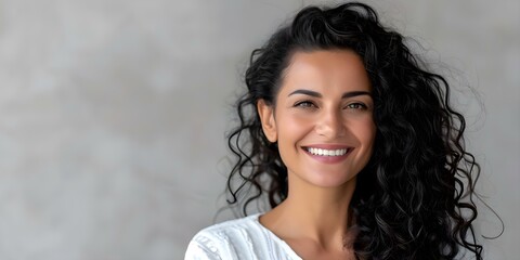 Wall Mural - Middle Eastern woman with glowing skin and long curly dark hair smiling. Concept Middle Eastern Beauty, Glowing Skin, Curly Hair, Smiling Portrait