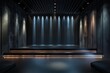 © grey - A modern, empty stage with a sleek black floor and a dark backdrop, with spotlights casting subtle glows