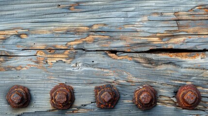 Wall Mural - Weathered wooden surface with rusty nails close up shot Aged tree wall fragment in abstract view