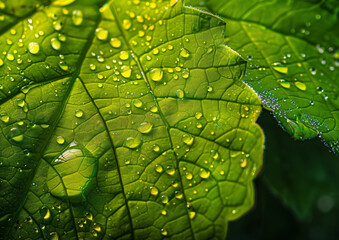 Wall Mural - close up of water drops on green leaf, abstract background. nature concept. banner with copy space. 