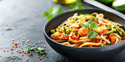 Wall Mural - Zesty zucchini noodles shine in savory stirfry dish. Concept Zucchini Noodles, Stir Fry, Vegetable Dish, Healthy Recipe