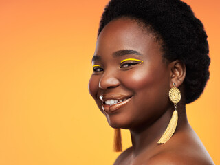 Wall Mural - Smile, black woman and beauty in studio, glamour and eyeshadow on yellow background. Haircare, mockup and cosmetics for makeup and portrait of female person, face and skincare for glow and treatment