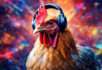 Wall Mural - abstract art colorful painting chicken adphones concept animals portrait earphones style fashion outfit music animal nature colourful background beautiful illustration