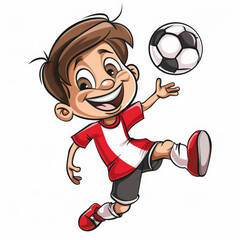 A cartoon soccer player with a big grin, in a red and white uniform, juggling the ball with precision, isolated on white background