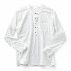 A casual white henley shirt with long sleeves and a three-button placket, isolated on white background.