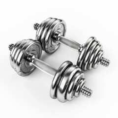 A pair of adjustable dumbbells with a metallic finish, isolated on white background