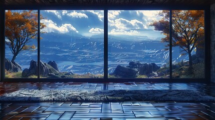 Wall Mural -   A spacious room boasts a grand window overlooking a picturesque mountain valley and lush trees in the background