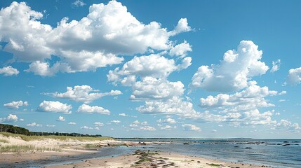 Wall Mural -   A serene blue sky overloads with soft white puffy clouds while a tranquil expanse of water kisses the golden sands