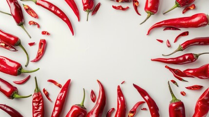 Wall Mural - Red chili peppers frame on white background top view Text space