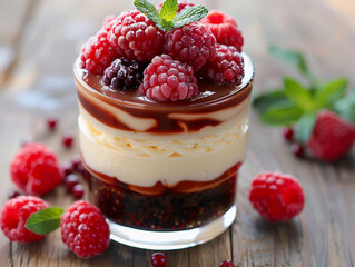 Wall Mural - Raspberry and Cream Dessert in Glass on Wooden Table