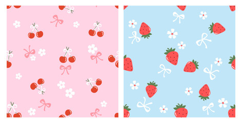 seamless pattern with red cherry fruit, strawberry, ribbon bow and cute flower on pink and blue back