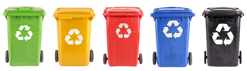 colorful recycling wheelie bins set for waste sorting png, collection of trash recycle bin in black 