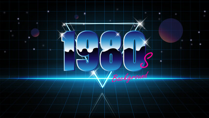 Aufkleber - 1980s retro game background. Synthwave wireframe landscape for game assets in vector illustrations.Retro Futurism Sci-Fi Background. glowing neon grid.and stars from vintage arcade comp	