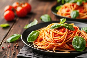 Poster - A photo of a delicious plate of spaghetti served with tomato sauce and topped with fresh basil leaves