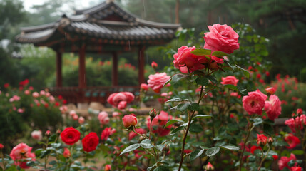 Canvas Print - chinese temple with roses in the park