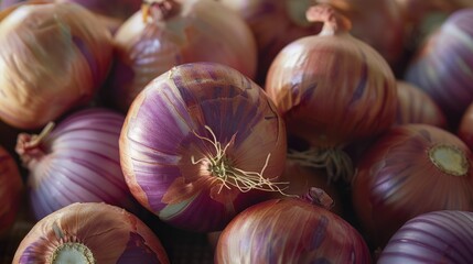Poster - A pile of onions stacked vertically, ideal for use in food photography or as a still life image