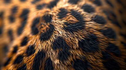 A close up of leopard fur texture, showcasing the intricate pattern and rich colors of its coat. on highlighting details like individual spots or patterns within each hair strand.