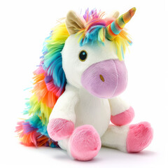 Wall Mural - A fluffy stuffed unicorn with a rainbow mane and tail, isolated on white background.