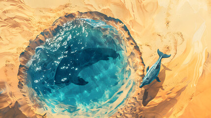 Wall Mural - blue water pool between desert dunes, a baby dolphin in transparent water, the water pool is small for a dolphin