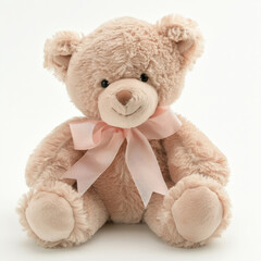 Wall Mural - A soft and cuddly teddy bear with a ribbon around its neck, isolated on white background.