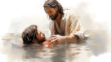 Christian man, guided by his father, embraced his faith through baptism ceremony in river, symbolizing his devotion to Christ and commitment to his religion. christian, baptism, man, faith, father.