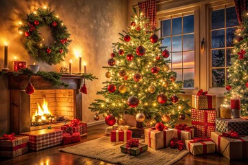 Canvas Print - Warmly lit festive scene featuring empty space around a beautifully decorated Christmas tree with wrapped gifts, awaiting joyful moments of loved ones.