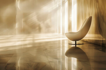 Poster - A serene modern room bathed in golden sunlight featuring a single ergonomic chair, reflecting tranquility and minimalistic design trend of the contemporary era.