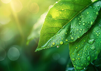 Wall Mural - green leaf with water drops close up. abstract nature background, green banner. eco concept