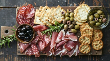 Wall Mural - A flat lay of sliced meats, olives, and a few crackers on a rustic wooden board