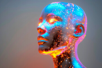 Poster - A futuristic digital artwork depicting a neon-glowing human head overlaid with a neural network pattern, representing AI and human connection.