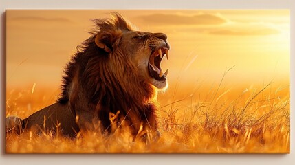 Poster - Majestic Lion Roaring at Sunset in the Savanna