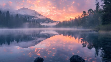 Wall Mural - A serene mountain lake at dawn, with mist hovering over the water's surface, surrounded by towering pines. a natural landscape, the mountain meets the stillness of the lake.