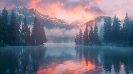 Wall Mural - A serene mountain lake at dawn, with mist hovering over the water's surface, surrounded by towering pines. a natural landscape, the mountain meets the stillness of the lake.