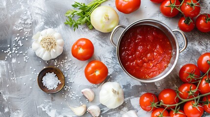 Wall Mural - A flat lay of tomatoes, garlic, onions, and a saucepan ready for making tomato sauce