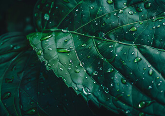 Wall Mural - green leaf with water drops close up. abstract nature background, green banner. eco concept