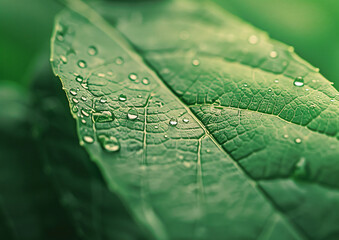 Wall Mural - green leaf with water drops close up. abstract nature background, green banner. eco concept