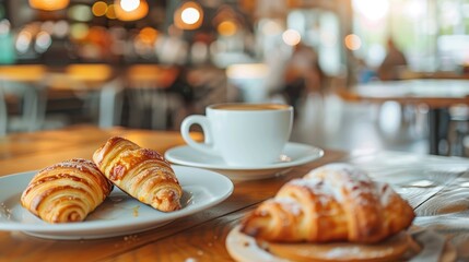 Tasty French pastries and coffee at a cafe Enjoying breakfast on a bright table