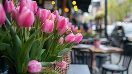 Wall Mural - Pink tulips blooming by a cafe outdoors