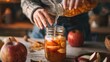 © fivan - Close up shot of a person's hands filling a fermentation jar with apple cider ingredients