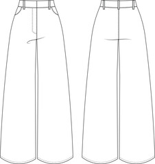 Wall Mural - wide leg palazzo high waist high rise mid rise mid waist pant trouser template technical drawing flat sketch cad mockup fashion woman design style model
