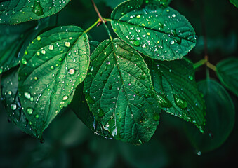 Wall Mural - green leaf with water drops close up. abstract nature background, green banner. eco concept