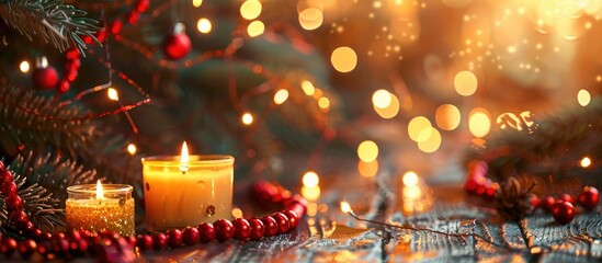 Poster - Beautiful Christmas background with two small round candles displayed on a wooden surface with a background of tree branches red beads and garlands ideal for a festive card with copy space image