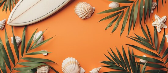 Poster - Summer concept featuring a surfboard palm leaves and seashells on an orange backdrop perfect for copy space image