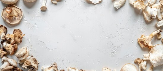 Poster - Empty table covered with a variety of dried mushrooms like porcini aspen and boletus on a white surface with clear space for text or images. copy space available