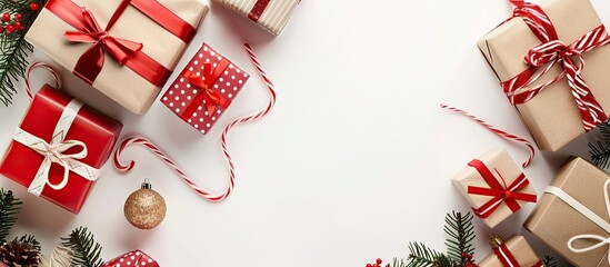 Poster - Festive Christmas gift boxes arranged neatly on white backdrop with copy space image